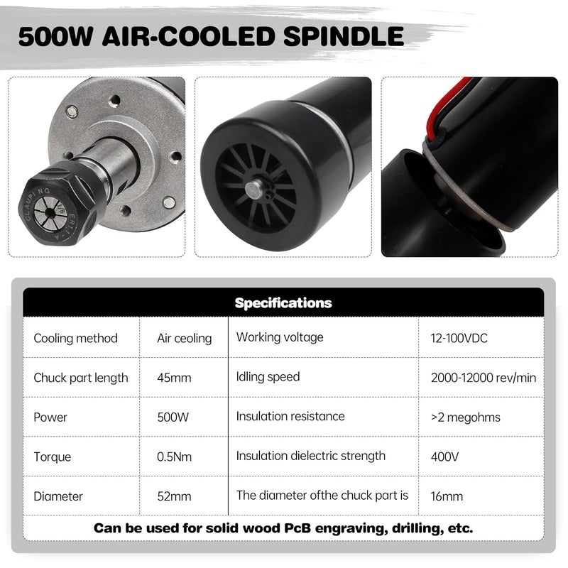 RATTMMOTOR 500W Spindle Motor CNC Air Cooled Spindle Motor ER11 12-100VDC 0.5NM 12000RPM + 52mm Spindle Motor Mount Clamp for CNC Router Milling Machine - Image 4